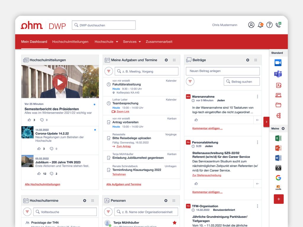 Screen zeigt die Startseite des Digital Workplace mit dem Dashboard